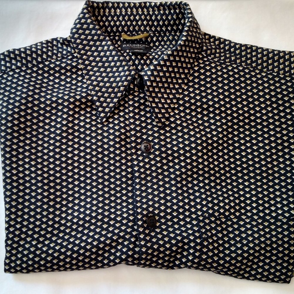 REUNION MEN'S BLACK/OLIVE GEOMETRIC LONG SLEEVE CASUAL DRESS SHIRT - SIZE M